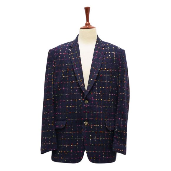 Mens 46R Wool Blazer Sport Coat Navy Multicolor Windowpane Plaid Preppy Formal